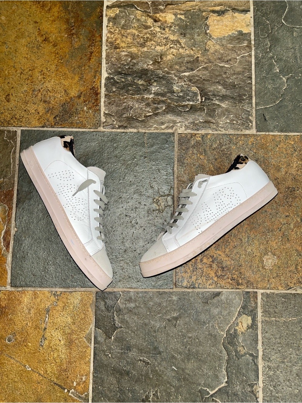 Women’s P448 White & Pink Low-Top Sneakers with Leopard Heel Accent